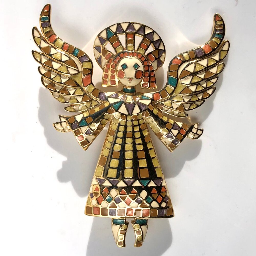 Bob Mackie Angel Pin Mosaic Enamel Gold Tone Brooch Guardian Angel Vintage 80s - Picture 9 of 16